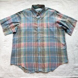 VTG Button Down Short Sleeve Shirt Mens XL Plaid Rainbow Retro Eclectic Grandpa